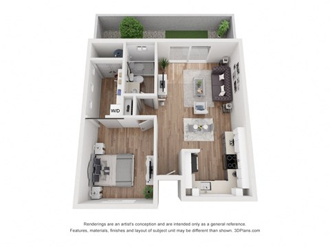 A 3D floor plan of a house with a kitchen, living room, and two bedrooms.